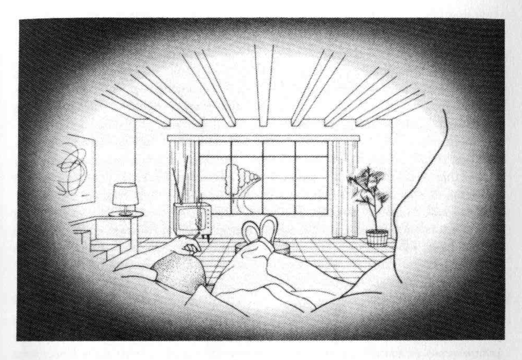 A room is drawn as if receding from inside the head of the observer. The nose appears close up, the feet appear further back, then the boundaries of the room, then the view out the window, all the way to the horizon.